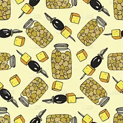 无缝橄榄图案与罐子橄榄和法式干酪