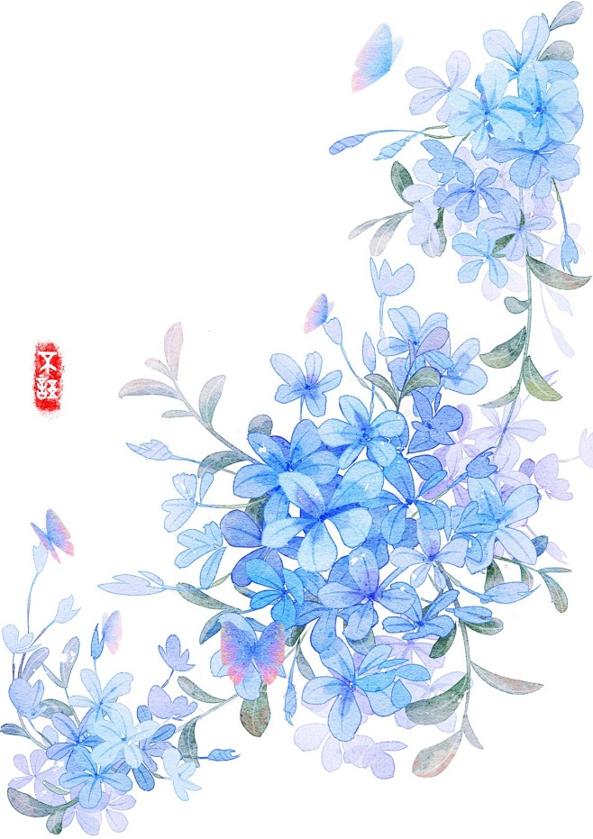 水彩水墨古风花卉_不语_长如醉__插画师...