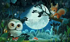 卡通人物,森林动物,夜间松鼠,狐狸,猫头鹰,鹿鹿.儿童图解