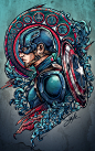 team iron vs team cap  project : Project inspired in a mix of civil war, tattoo and art nouveau style 