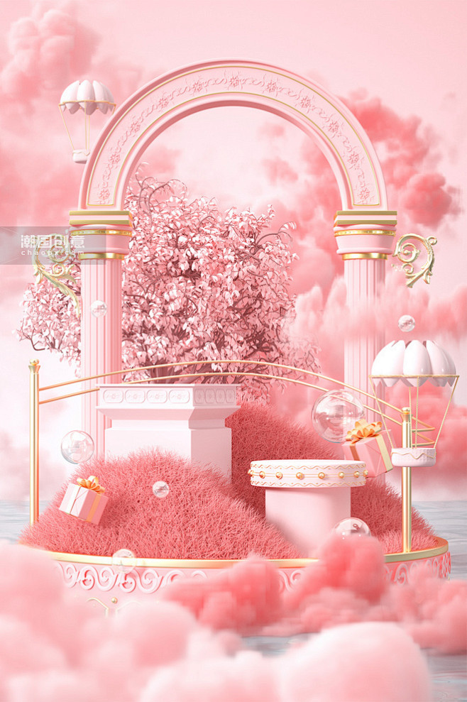 3D妇女节女神节梦幻毛绒烟雾展台图片_潮...
