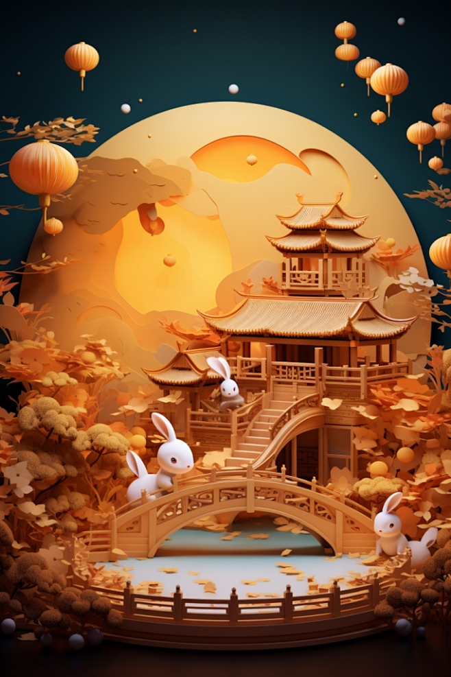 庭院3D立体中国风中秋节赏月古建筑背景图