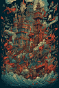 an ocean of alphabet soup with many waves, in the style of dan mumford, dan matutina, red and azure and gold, aggressive digital illustration, oil painting, uhd image, yasushi nirasawa