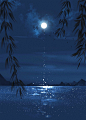 氛围感夜晚海上明月风景插画图片