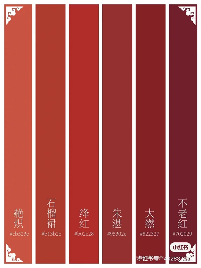 【中国传统色】中国红 【鹤顶红】蜡包绿萼日才烘，放出千枝鹤顶红。 【朱殷】亲见将军建旗鼓，左轮几度染朱殷。 【珊瑚赫】珊瑚映绿水，未足比光辉 ...