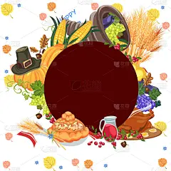 收获有机食物如水果和蔬菜，感恩节快乐晚餐卡片或横幅背景，收获矢量插图，南瓜和堆栈小麦穗，蔓越莓浆果，
