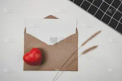 空白白纸放在打开的棕色纸信封上，红色的心，刚毛的狐尾干花，黑色的布在白色的背景。情人节的概念