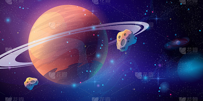 太空星系背景与土星行星和小行星，卡通宇宙纹理。向量星空未来表面与紫色星云，宇宙尘埃风景。布满星星和行