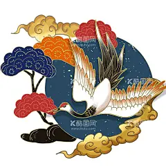 国潮海报元素图片  - 源文件下载【酷图网】手绘,国潮,中国风,古风,复古,祥云,仙鹤,山水,绿山,建筑,