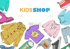 儿童时装店背景。手绘设计草图模板横幅。矢量插图。