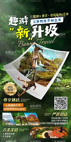 版纳宣传旅游海报  - 源文件下载【酷图网】海报,旅游,版纳,西双版纳,大气,时尚,简约,风景,猴子,