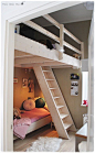 Love this play area over the bed, like the anti-loft bed. I think I'd leave off the first couple of steps of the ladder and make it a safer place for the older kids to play with and store their LEGO creations. (Apartment Therapy with loft bed inspiration)