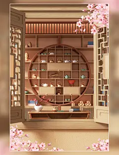 春季春天3D立体中式风茶室茶具场景