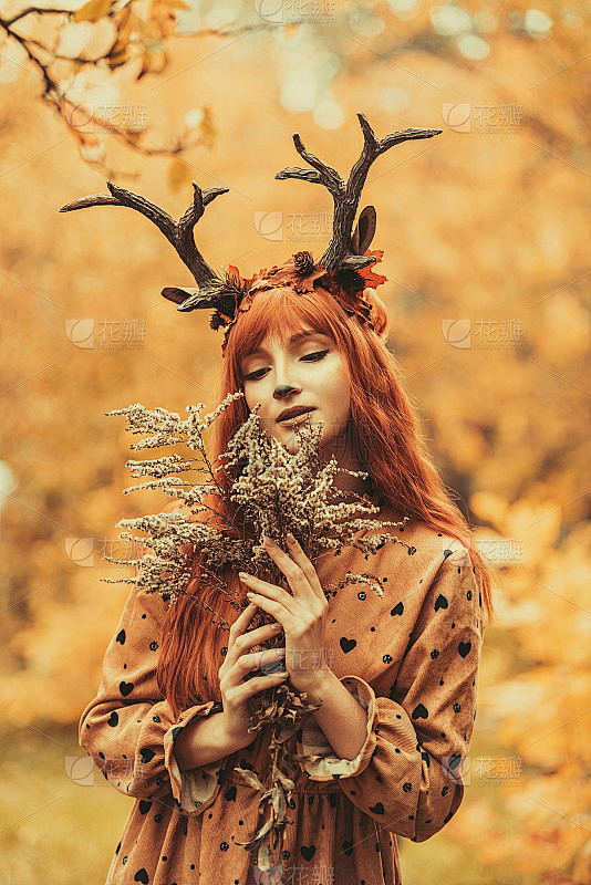 秋天森林里长着鹿角的仙女。面对绘画。