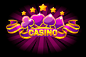 Casino banner with playing cards symbols and violet ribbon.