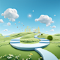 Stage design, close-up s-shaped curve with grass on both sides, cows, blue sky and white clouds, 3d rendering, c4d, vibrant stage background, symmetrical composition