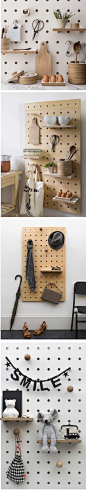 Peg board storage by Kreisdesign http://kreisdesign.com/collections/peg-boards/products/peg-it-all-wall-mounted-storage-panel-in-natural-birch-plywood: 