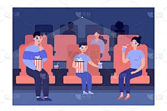 全家人戴着3d眼镜在电影院看电影