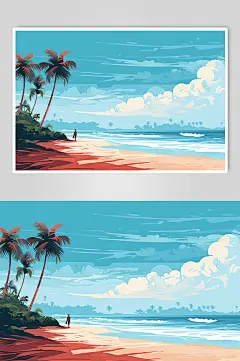 AI数字艺术扁平风夏季海边旅行人物插画-众图网