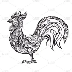 手绘黑白公鸡涂鸦鸟。种族图案矢量插图。非洲，印度，图腾，部落，设计。成人抗压力绘图页，纹身，海报，印