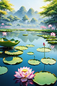 暑假湖面荷花荷叶插画图片