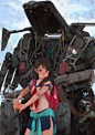 Jobs Done!, Aedel Fakhrie : Fun collab artwork with my friend, Dike Akbar.
He drew the girl character and I did the mech and the background