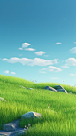 landscape 3d background animated, green grass, in the style of cute and dreamy, landscape-focused, sky-blue, hazy, landscape inspirations