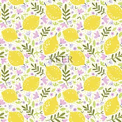 可爱的无缝图案与手绘柠檬，花朵和叶子。在白色背景插画图片素材