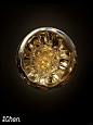 A close up of an amber sphere with tiny bubbles inside, being held in the style of golden tongs against a black background, minimalism, surreal photography in the style of Sebastiao Salgado, gold and dark brown, light leaks.