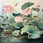 中国画，工笔画风格，描绘两三朵莲花和两三朵莲花苞，细节丰富。
