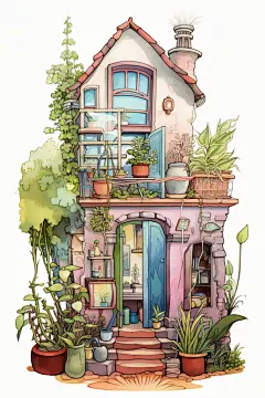 花园房子美术绿植植物房屋水彩画铅笔插画