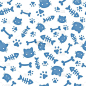 猫的男孩模式。蓝色爪子动物的脚印和骨头。猫狗爪子壁纸，可爱的小狗卡通宠物矢量无缝背景