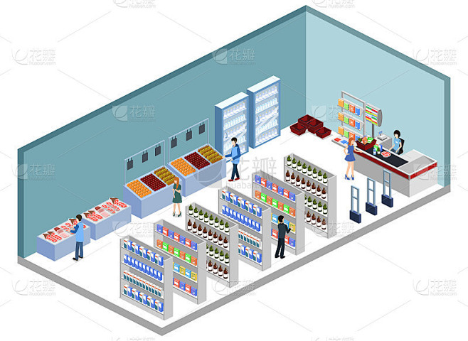 等距三维矢量插图概念的杂货店与买家和收银...