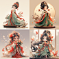 Chinese ancient style young woman doll, look back at sb. and smile, lean back slightly, hold a Baijiu（或dance）, wear red, gold and green Chinese traditional clothing, Tang Dynasty women hairstyle, graceful, plump, cute, standing, full body, Chinese style b