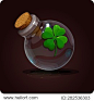四叶草在瓶子上。魔法仙丹的游戏图标。应用程序用户界面的矢量设计