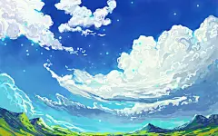 唯美梦幻天空蓝天云彩清晨阳光原创插画素材