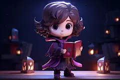 蜡烛下抱着魔法书的卡通小女孩插画