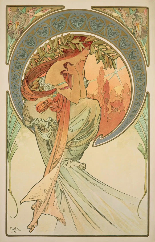 慕夏（mucha）——《四种艺术：舞蹈，绘画，诗歌，音乐》1898 -花瓣网
