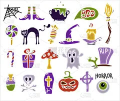 矢量手绘涂鸦万圣节集多彩的卡通剪贴画，符号