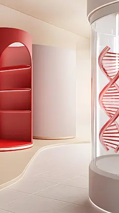 红色米色背景，左侧展柜，C4D渲染风格，柔和阴影处理