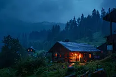 林中小屋傍晚夜景