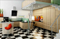 经典的黑白马赛克地砖让现代厨房别具风味，实木的厨房家具和亮丽的色彩点缀，营造出符合现代年轻人省美观的现代厨房。