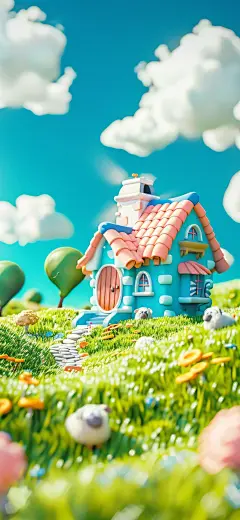 3D童话风场景壁纸  草地绵羊小房子