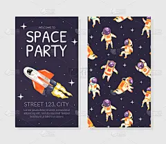 空间聚会邀请卡片模板，生日聚会在宇宙风格的庆祝，贺卡，飞行卡通矢量插图