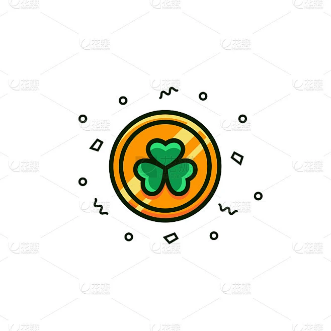 幸运金币与三叶草象征-单色线图标上孤立的背景。幸运的钱与三叶草标志在细线形设计。小精灵宝藏矢量插图。素材-花瓣网