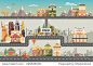 Set of buildings in the style of small business flat design. Roads and city against the sky and snow-capped mountains. Architecture of a small town market, salon, pharmacy, bakery, bank, coffee shop 正版图片在线交易平台 - 海洛创意（HelloRF） - 站酷旗下品牌 - Shutterstock中国独家合作
