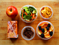 Gala apple, green salad (spinach, butter lettuce, carrot ribbons, and cucumber), spicy plantain chips, Vitasoy malt soy milk, dark chocolate, tangelo orange and blackberries.