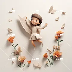 可爱的3D泥雕塑，一个可爱的小女孩在纸飞机上快乐地在空中飞行