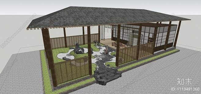 新中式庭院花园SU模型下载【ID:111...