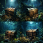Game icon, a wooden treasure chest sunk on the bottom of the sea, The simple wooden material is realistic, concise, and has a black background --no metal,cartoon
